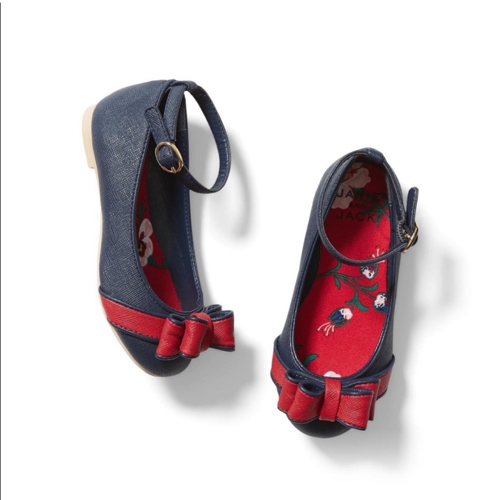 Janie and Jack Navy Blue Red Ankle straps bow shoes size 8
